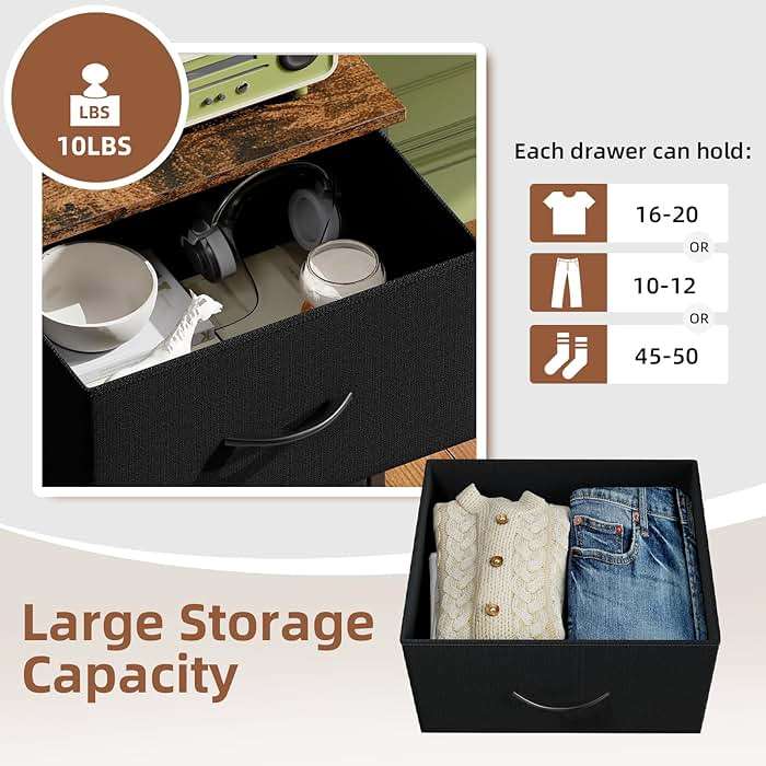 Somdot Nightstand, Small 2 Drawer Dresser End Table, Chest of Drawers, Bedside Table Night Stand End Table with Fabric Bins for Bedroom Kids Closet Dorm Guest Room, Black Rustic Brown - Image 5