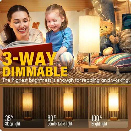 Yarra-Decor Bedside Table Lamp with USB Ports - Touch Control for Bedroom 3 Way Dimmable Nightstand Lamp with Round Fabric Shade for Living Room, Dorm, Home Office, Corded Electric, Without Battery - Image 2