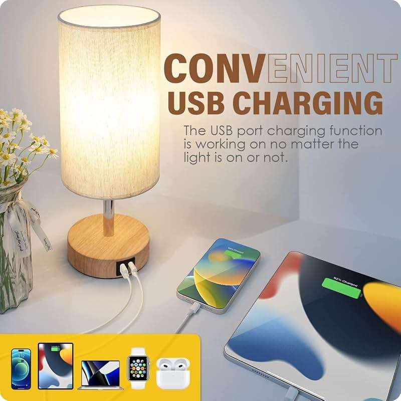 Yarra-Decor Bedside Table Lamp with USB Ports - Touch Control for Bedroom 3 Way Dimmable Nightstand Lamp with Round Fabric Shade for Living Room, Dorm, Home Office, Corded Electric, Without Battery - Image 3
