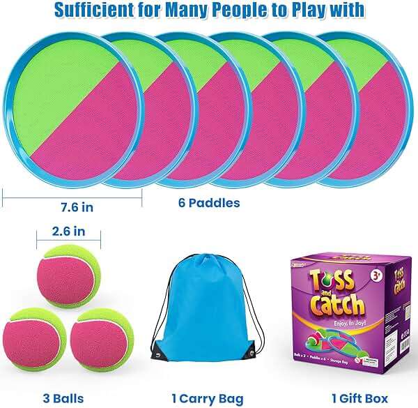 Aywewii Toss and Catch Ball Set Game Kids Outdoor Toys for Beach Pool Yard, Birthday Gift for Boy Girl Ages 3 4 5 6 7 8-12 Year Old, Outside Family Party Camping Games, 6 Paddles 3 Balls & Carry Bag - Image 8
