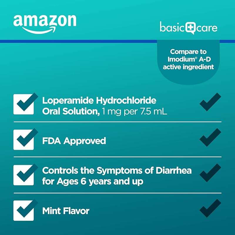 Amazon Basic Care Loperamide Hydrochloride Oral Solution, 1 mg per 7.5 ml, Anti-Diarrheal Medicine, Anti-Diarrhea Medicine For Kids and Adults 12 Years and Over, Mint, 8 Fluid Ounces (Pack of 1) - Image 2
