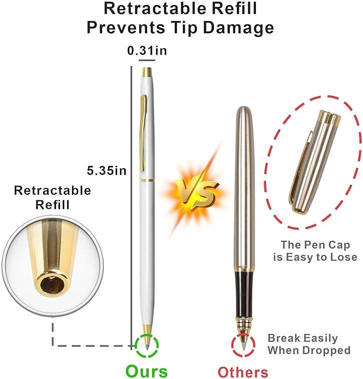 Cambond Slim Ballpoint Pens Bulk - Black Ink 1.0mm Medium Point Retractable Metal Pen for Police Uniform, Flight Attendant & Office, 10 Pack (White) - Image 6