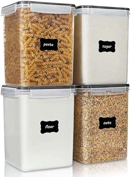 Vtopmart 4 PCS Large Food Storage Containers 5.2L / 175oz, 4 Pieces BPA Free Plastic Airtight Canisters for Flour, Sugar, Baking Supplies, Rice with Lids, 4 Measuring Cups and 24 Labels, Black - Image 1