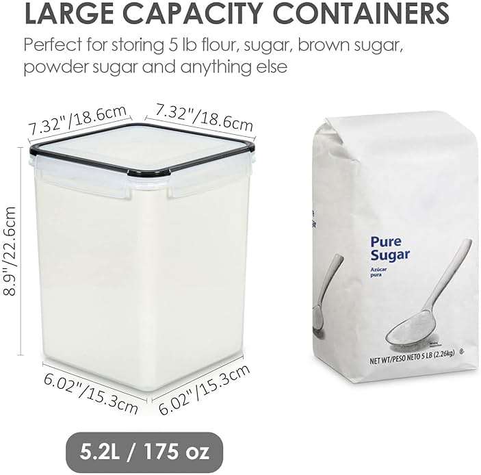 Vtopmart 4 PCS Large Food Storage Containers 5.2L / 175oz, 4 Pieces BPA Free Plastic Airtight Canisters for Flour, Sugar, Baking Supplies, Rice with Lids, 4 Measuring Cups and 24 Labels, Black - Image 2