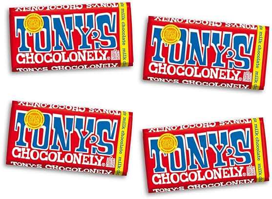 Tony’s Chocolonely Belgian Milk Chocolate Candy Bar, Pure Chocolate Bars for Snacks, Party Favors, Gifts, or Gift Basket, 32% Cacao, Made From Quality Fairtrade Cocoa, 4 Bars, 6.35 Oz Each - Image 1