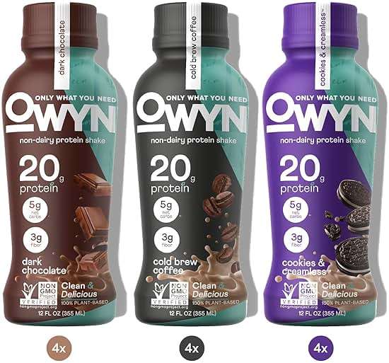 OWYN Only What You Need Protein Shake Variety Pack, Dark Chocolate, Cold Brew Coffee, Cookies and Creamless, 20g Protein, 4g Sugar, 3g Fiber, Dairy Free, Plant Based Protein Drink, 12 CT - Image 1