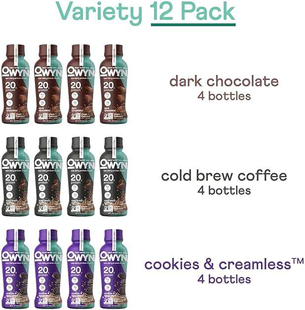 OWYN Only What You Need Protein Shake Variety Pack, Dark Chocolate, Cold Brew Coffee, Cookies and Creamless, 20g Protein, 4g Sugar, 3g Fiber, Dairy Free, Plant Based Protein Drink, 12 CT - Image 3
