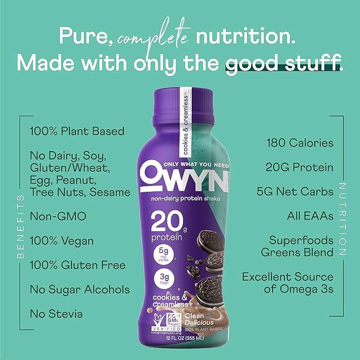 OWYN Only What You Need Protein Shake Variety Pack, Dark Chocolate, Cold Brew Coffee, Cookies and Creamless, 20g Protein, 4g Sugar, 3g Fiber, Dairy Free, Plant Based Protein Drink, 12 CT - Image 5