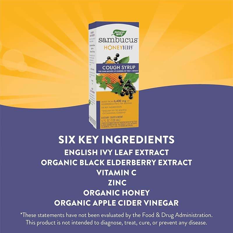 Nature's Way Sambucus Cough + Immune* Elderberry Syrup, Soothes Coughs Associated with Hoarseness, Dry Throat, and Irritants* Vitamin C, Zinc, Organic Honey, 4 Fl Oz (Packaging May Vary) - Image 3