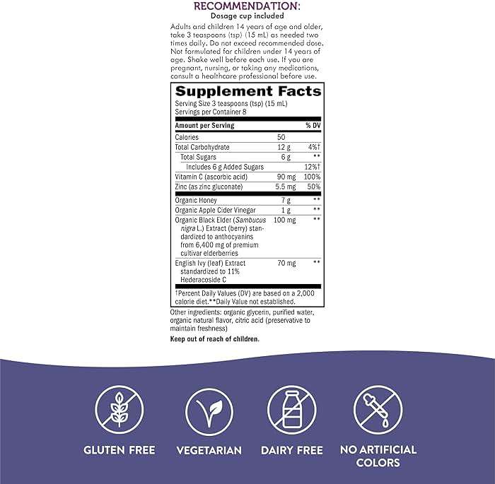 Nature's Way Sambucus Cough + Immune* Elderberry Syrup, Soothes Coughs Associated with Hoarseness, Dry Throat, and Irritants* Vitamin C, Zinc, Organic Honey, 4 Fl Oz (Packaging May Vary) - Image 5