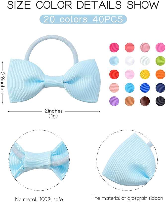 40PCS 2 Inches Baby Girls Hair Bows Ties Mini Boutique Elastic Hair Rubber Ribbon Hair Band Accessories for Kids Toddlers Infants (40 PCS), Multi-colored - Image 2