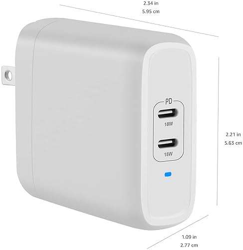 Amazon Basics 36W Dual Port USB-C Wall Charger with Power Delivery, Foldable Plug, for Tablets and Phones, Apple Watch, White, 2.34 x 1.09 x 2.21 in (PD36U-2TNB) - Image 5