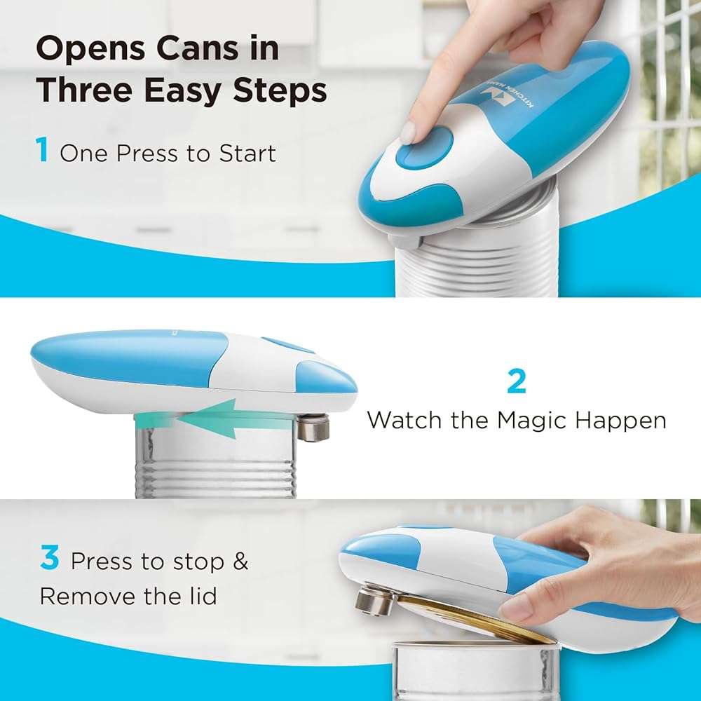 Kitchen Mama Auto Electric Can Opener: Open Your Cans with A Simple Press of Button - Automatic, Hands Free, Smooth Edge, Food-Safe, Battery Operated, YES YOU CAN (Sky Blue) - Image 2