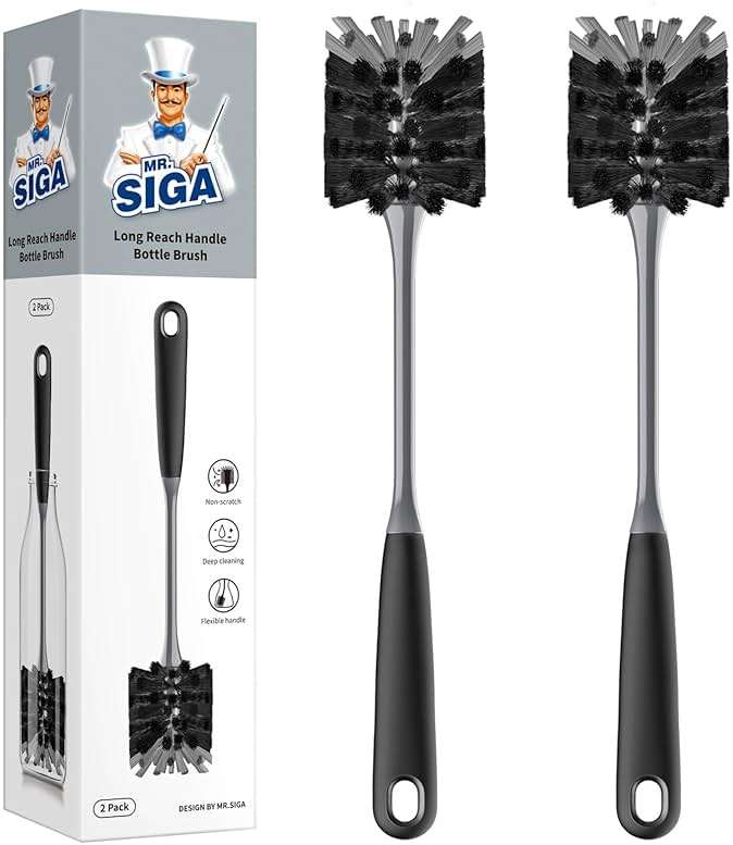 MR.SIGA Long Handle Bottle Brush, Flexible Scrub Brush for Water Bottles, Glasswares, Mugs, Black, 2 Pack - Image 1