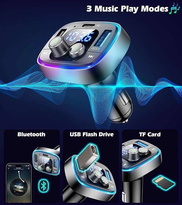 LIHAN FM Transmitter for Car Bluetooth Adapter 5.4,48W PD+QC Fast Charging,Hands-Free Calling,Streams Spotify/Navigation/Music via Car Radio,Wireless Upgrade Non-Bluetooth Cars,USB-C,USB/TF,12V/24V - Image 4