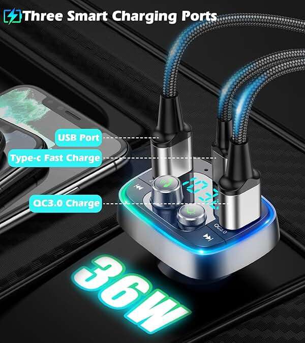 LIHAN FM Transmitter for Car Bluetooth Adapter 5.4,48W PD+QC Fast Charging,Hands-Free Calling,Streams Spotify/Navigation/Music via Car Radio,Wireless Upgrade Non-Bluetooth Cars,USB-C,USB/TF,12V/24V - Image 5