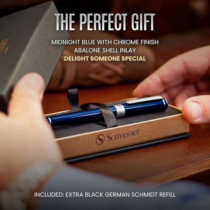 Scriveiner Midnight Blue Rollerball Pen - Stunning Blue Lacquer Luxury Pen, Chrome Finish, Schmidt Ink Refills, Men & Women, Professional, Executive Office, Nice Pen - Image 3