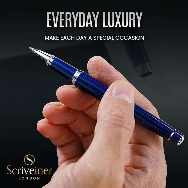 Scriveiner Midnight Blue Rollerball Pen - Stunning Blue Lacquer Luxury Pen, Chrome Finish, Schmidt Ink Refills, Men & Women, Professional, Executive Office, Nice Pen - Image 5