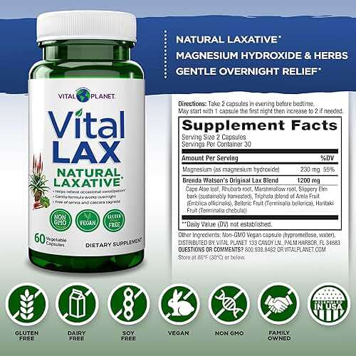 Vital Planet - Vital Lax Natural Laxative Cleanse Supplement for Occasional Constipation, with Magnesium Hydroxide, Slippery Elm, Aloe, and Triphala to Support Bowel Regularity 60 Capsules - Image 2