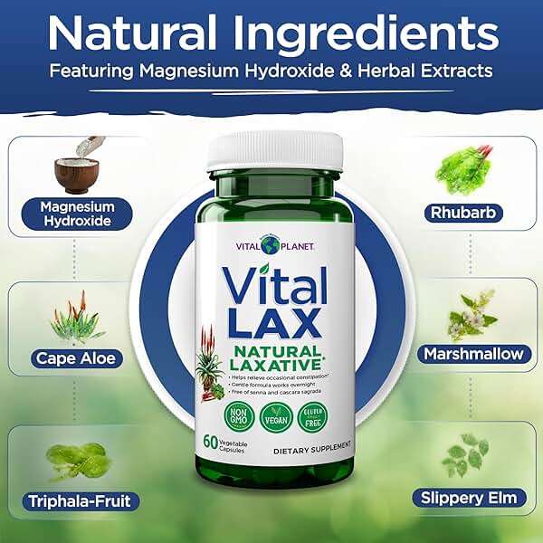 Vital Planet - Vital Lax Natural Laxative Cleanse Supplement for Occasional Constipation, with Magnesium Hydroxide, Slippery Elm, Aloe, and Triphala to Support Bowel Regularity 60 Capsules - Image 3