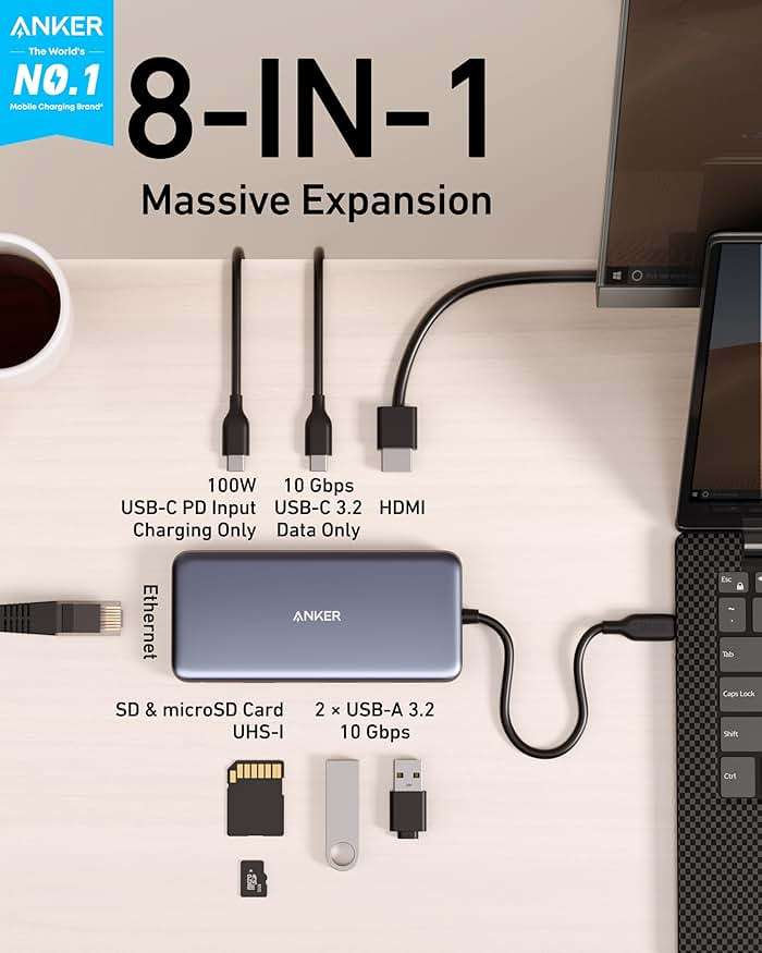 Anker USB C Hub with Ethernet, 8-in-1 Multiport Ethernet Adapter with 4K 60Hz HDMI Port, 85W Power Delivery, 10Gbps USB C and 2 A Data Ports, microSD SD Card Reader, for MacBook Pro/XPS/iPad and More - Image 2