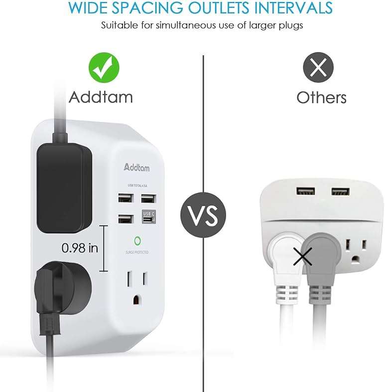 Addtam 5-Outlet Extender Surge Protector, Multi Plug Wall Outlet with 4 USB Wall Charger(1 USB C Ports), Outlet Splitter Power Strip for Home Office Dorm Room Essentials, Plug Extension Outlet 1800J - Image 3