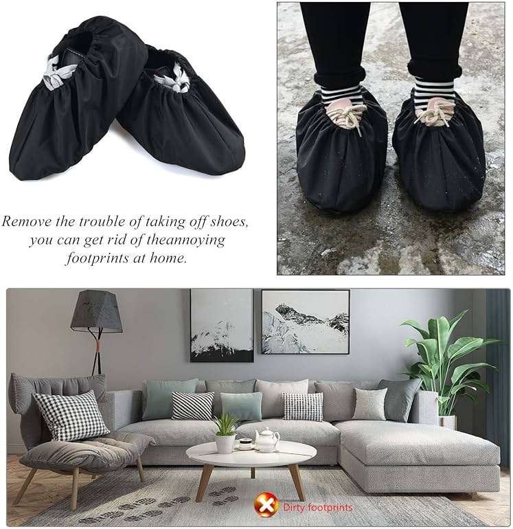 PlasMaller 5 Pairs Black Non Slip Washable Reusable Shoe Covers For Household Thickened Boot Covers, XL - Image 2