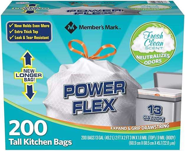 Member's Mark Power Flex Tall Kitchen Drawstring Trash Bags (13 Gallon, 2 Rolls of 100 ct., 200 count total) - Image 1