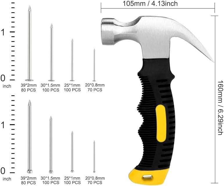 KURUI 700PCs Nails Assortment Kit & 8oz Hammer, Small Hammer for Hanging Wall Art Decor, Picture Frame, 350 Roofing/Wall Nails & 350 Finishing Nail - Image 2