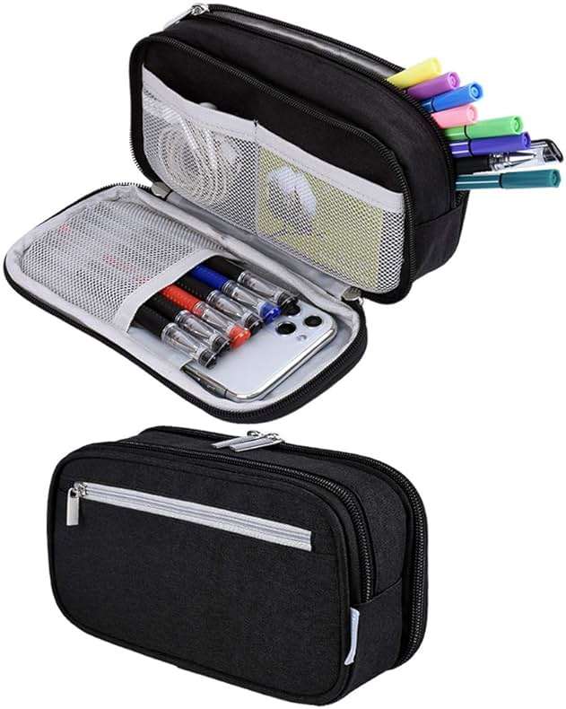 Chelory Big Pencil Case Large Capacity Pencil Bag Pouch 3 Multi Comparments High Storage Pen Holder Marker Holder Portable Office Stationery Organizer Supplies Makeup Cosmetic Bag Men Women (Black) - Image 1