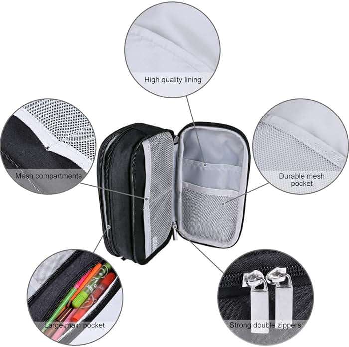 Chelory Big Pencil Case Large Capacity Pencil Bag Pouch 3 Multi Comparments High Storage Pen Holder Marker Holder Portable Office Stationery Organizer Supplies Makeup Cosmetic Bag Men Women (Black) - Image 4