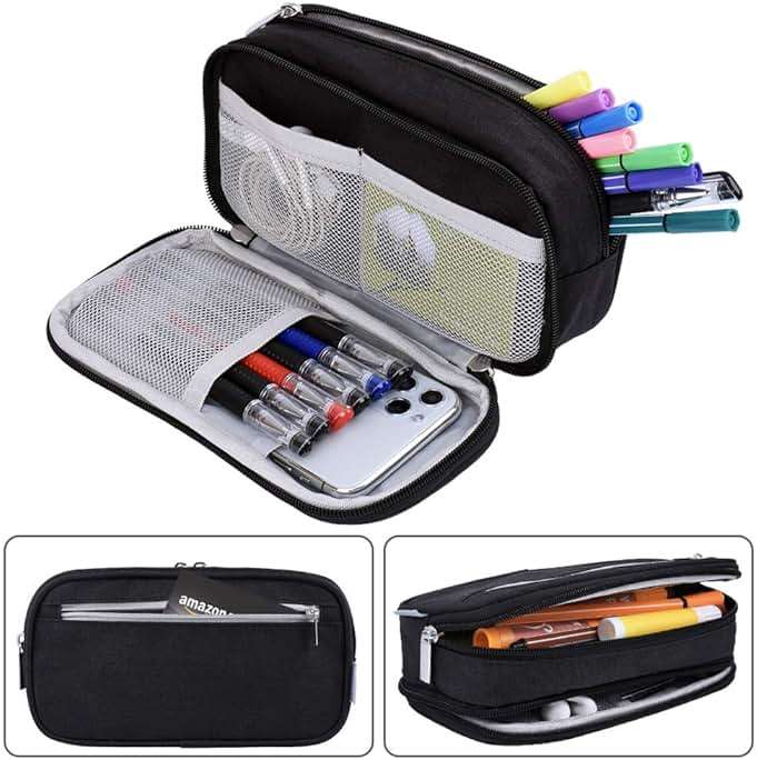 Chelory Big Pencil Case Large Capacity Pencil Bag Pouch 3 Multi Comparments High Storage Pen Holder Marker Holder Portable Office Stationery Organizer Supplies Makeup Cosmetic Bag Men Women (Black) - Image 5