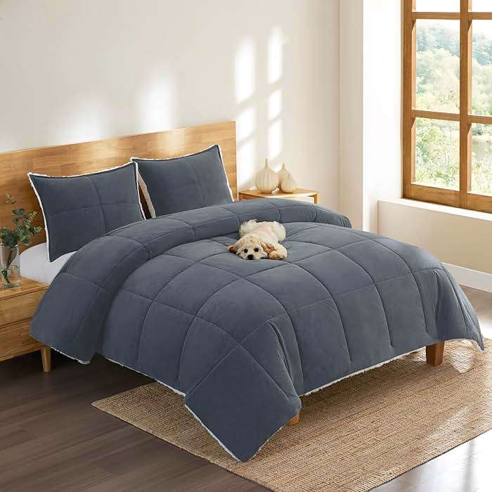 UGG Blissful Queen Comforter Set with 2 Pillow Shams, Reversible Fleece Bed Comforter, Ultra Warm Winter Bed Set, Down Alternative Bedding, Full/Queen Size, Imperial Blue - Image 2