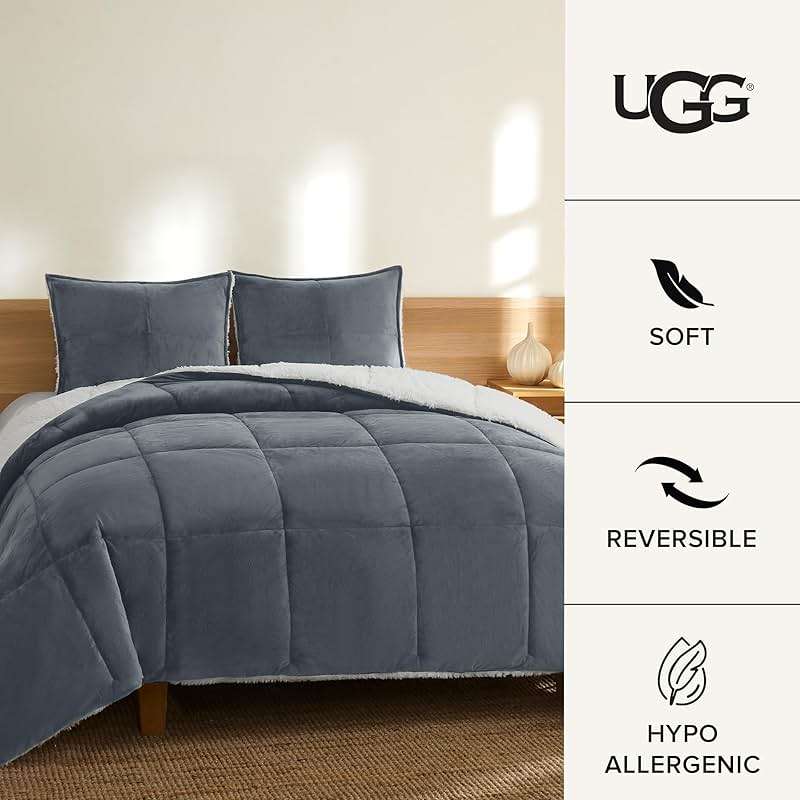 UGG Blissful Queen Comforter Set with 2 Pillow Shams, Reversible Fleece Bed Comforter, Ultra Warm Winter Bed Set, Down Alternative Bedding, Full/Queen Size, Imperial Blue - Image 4
