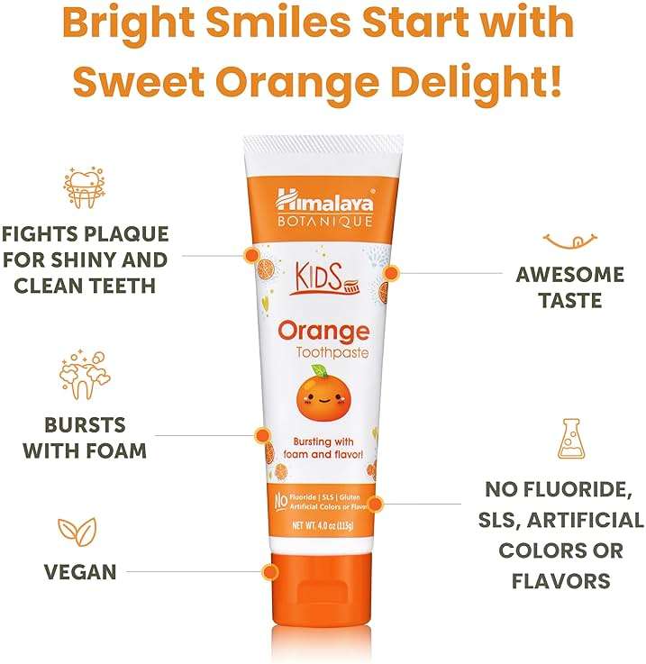 Himalaya Botanique Kids Toothpaste, Herbal, Orange Flavor, Fights Plaque, Fluoride-Free, Gentle, No Artificial Flavors or Colors, SLS Free, Gluten Free, Cruelty Free, Vegan, Foaming, 4 Oz, 1 Pack - Image 3