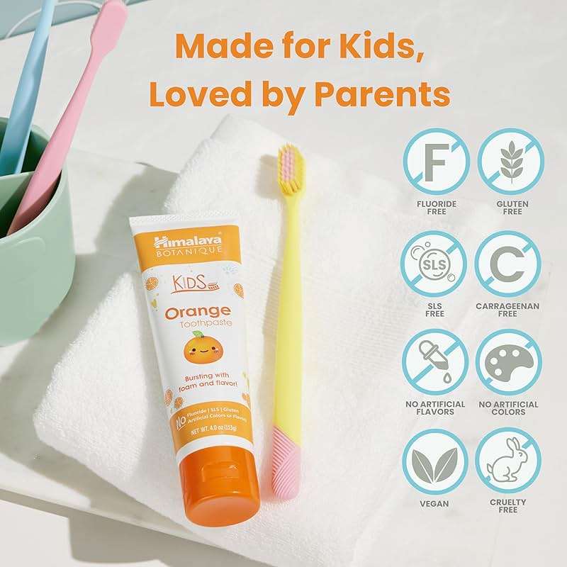 Himalaya Botanique Kids Toothpaste, Herbal, Orange Flavor, Fights Plaque, Fluoride-Free, Gentle, No Artificial Flavors or Colors, SLS Free, Gluten Free, Cruelty Free, Vegan, Foaming, 4 Oz, 1 Pack - Image 4