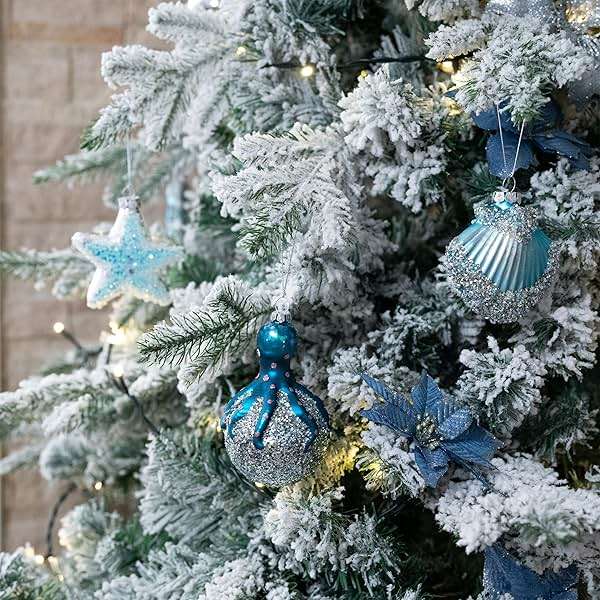Valery Madelyn Glass Christmas Ornaments Set, 8ct Light Blue and Silver Blown Glass Christmas Tree Decorations, Summer Beach Coastal Ocean Nautical Marine Xmas Hanging Finial Balls Bulk Holiday Decor - Image 2