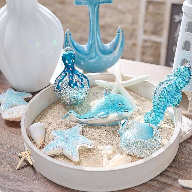 Valery Madelyn Glass Christmas Ornaments Set, 8ct Light Blue and Silver Blown Glass Christmas Tree Decorations, Summer Beach Coastal Ocean Nautical Marine Xmas Hanging Finial Balls Bulk Holiday Decor - Image 3