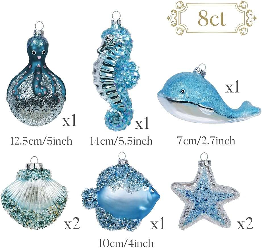 Valery Madelyn Glass Christmas Ornaments Set, 8ct Light Blue and Silver Blown Glass Christmas Tree Decorations, Summer Beach Coastal Ocean Nautical Marine Xmas Hanging Finial Balls Bulk Holiday Decor - Image 4