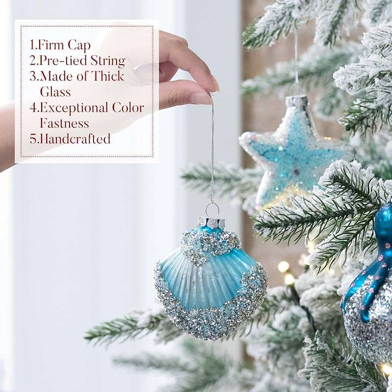 Valery Madelyn Glass Christmas Ornaments Set, 8ct Light Blue and Silver Blown Glass Christmas Tree Decorations, Summer Beach Coastal Ocean Nautical Marine Xmas Hanging Finial Balls Bulk Holiday Decor - Image 5