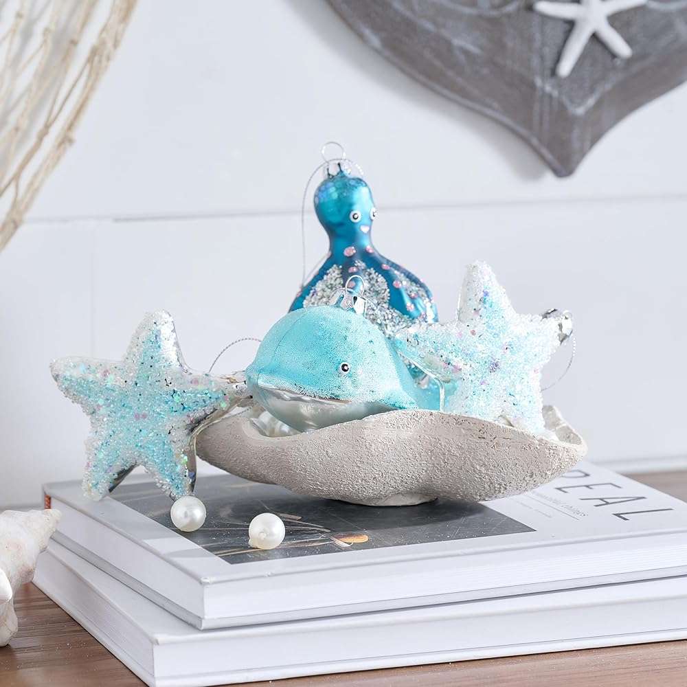 Valery Madelyn Glass Christmas Ornaments Set, 8ct Light Blue and Silver Blown Glass Christmas Tree Decorations, Summer Beach Coastal Ocean Nautical Marine Xmas Hanging Finial Balls Bulk Holiday Decor - Image 6