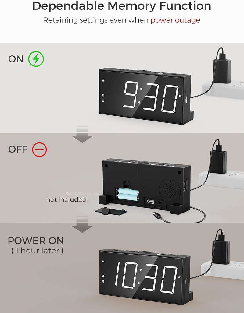 PPLEE Alarm Clock for Bedroom, 2 Alarms Loud LED Big Display Plug in Simple Basic Digital Clock with USB Charging Port, Adjustable Volume, Dimmable, Snooze for Deep Sleepers Kids Elderly Home Office - Image 6