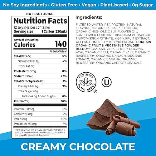 Orgain Organic Vegan Protein Shake, Creamy Chocolate - 20g Plant Based Protein, Ready to Drink, Fruits & Vegetables, Gluten Free, Kosher, No Soy or Dairy Ingredients, 11 Fl Oz (Pack of 12) - Image 2