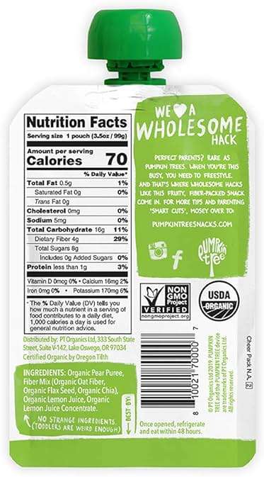 Pumpkin Tree Organics Fruit Snack Pouch, Pear + Fiber + A Squeeze of Lemon, 3.5 Ounce (Pack of 10) - Image 2