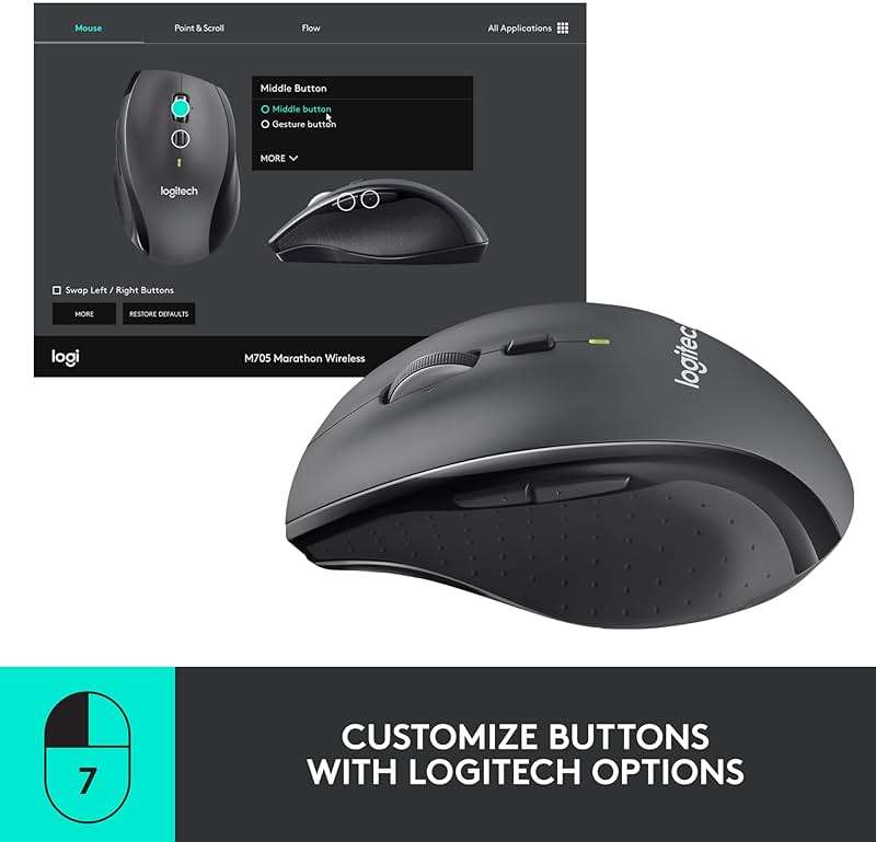 Logitech M705 Marathon Wireless Mouse, Gaming Mouse Wireless, 2.4 GHz USB-A Receiver, 5-Programmable Buttons, 3-Year Battery, PC, Mac, Laptop, Chromebook - Black - Image 4