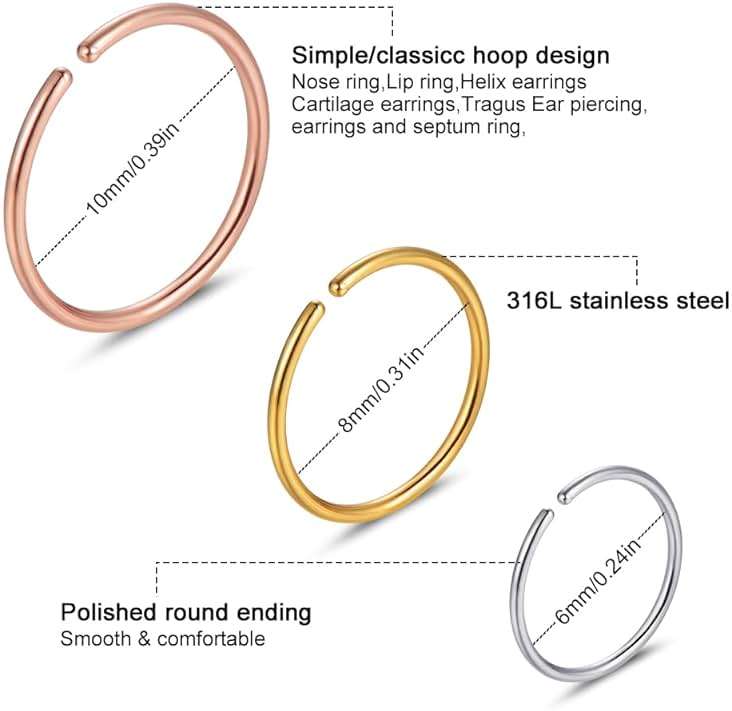 Xanowan Stainless Steel Hoop Nose Ring Cartilage Ring Set 6 Color Set for Men and Women - Image 2
