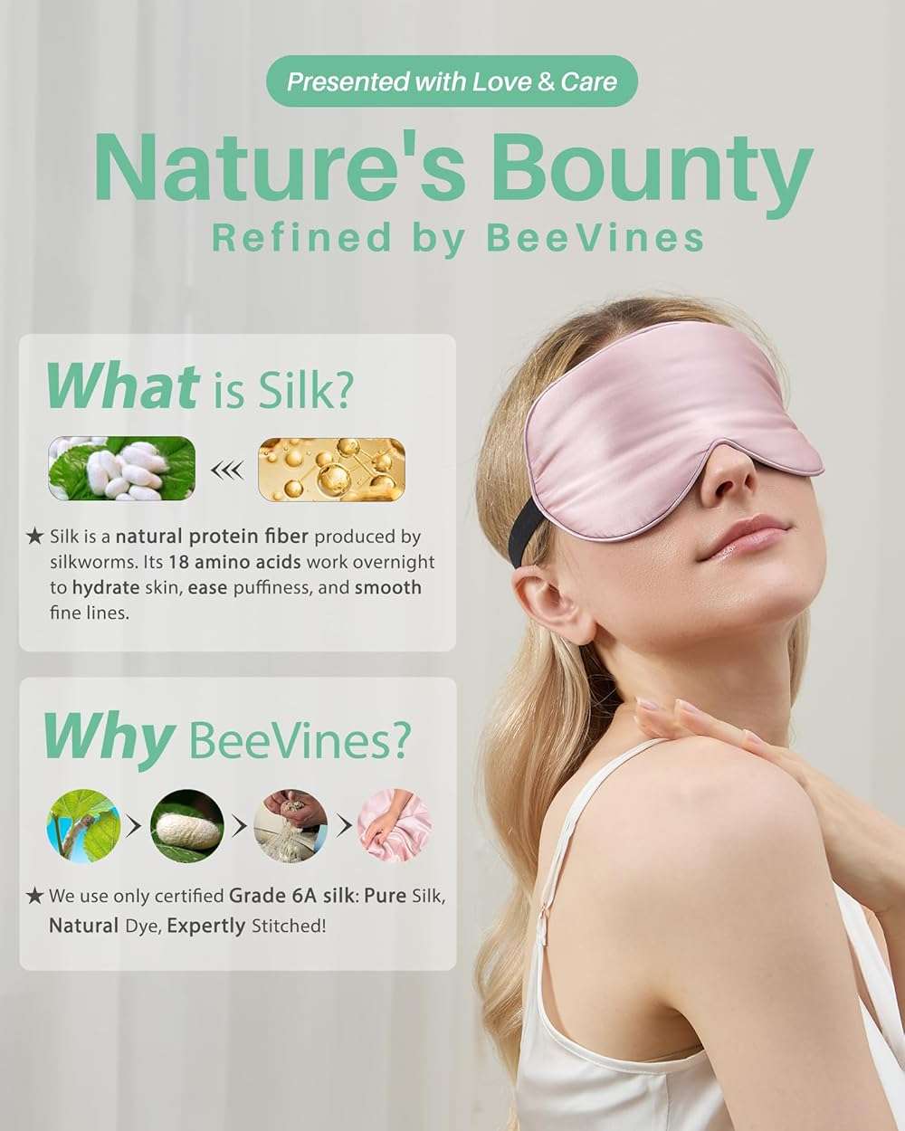 BeeVines 100% Real Mulberry Silk 2 Pack Sleep Mask, Natural Pure Silk Eye Masks with Adjustable Strap for Sleeping, 100% Block Light Eye Sleep Shade Cover, Reduces Puffy Eyes Traveling Gifts - Image 7
