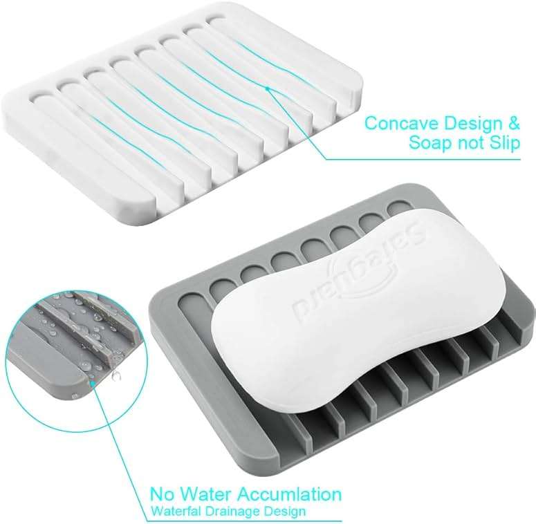 2PCS Soap Dish Holder, Premium Silicone Soap Dishes for Shower Bathroom Kitchen Sinks， Soap Tray Saver Drainer, Self-draining Waterfall, Non-Slip Design, Easy Cleaning (Gray) - Image 3