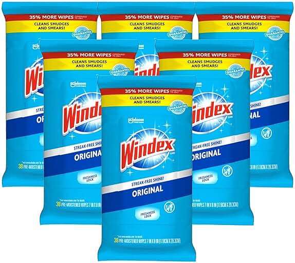 Windex Wipes Glass Cleaning, Pre-Moistened Glass and Surface Wipes to Clean Home Surfaces, Household Essentials, Original Scent, 38 Count (Pack of 6) - Image 1
