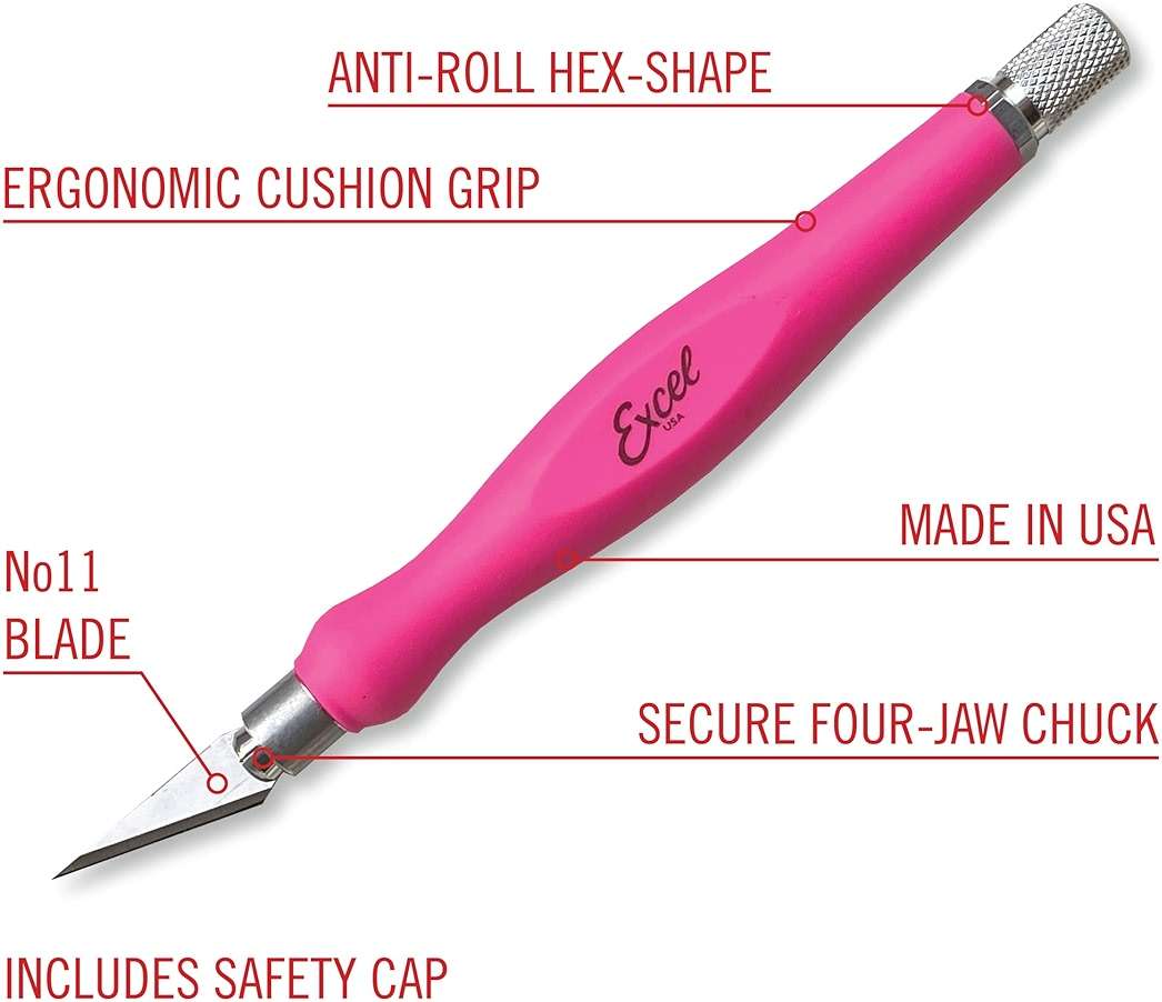 Excel Blades Fit Grip Craft Knife With #11 Ultra-Sharp Carbon Steel Angled Blade – Precision Hobby Knife with Contoured Rubberized Grip for DIY, Art Crafts, and Model Projects – Pink, Made in the USA - Image 4